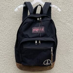 Jansport Black Right Pack Backpack Leather Bottom Peace Patch